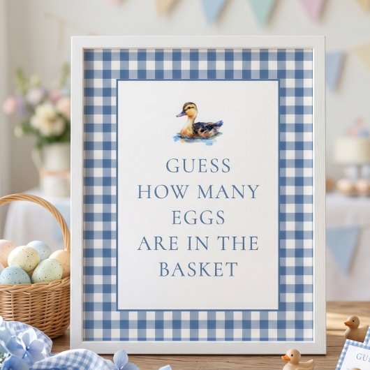 Blue Gingham Duck How Many Baby Shower Game ポスター