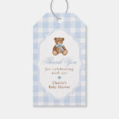 Blue Gingham Elegant Teddy Bear Baby Shower ギフトタグ (正面)