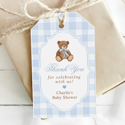 Blue Gingham Elegant Teddy Bear Baby Shower ギフトタグ