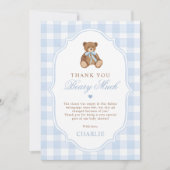 Blue Gingham Elegant Teddy Bear Baby Shower サンキューカード (正面)