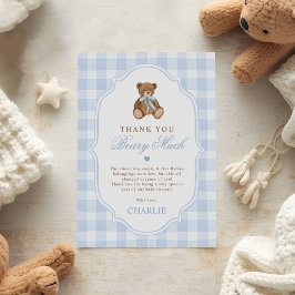 Blue Gingham Elegant Teddy Bear Baby Shower サンキューカード