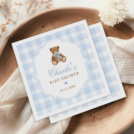 Blue Gingham Elegant Teddy Bear Baby Shower スタンダードカクテルナプキン