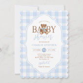 Blue Gingham Elegant Teddy Bear Baby Shower 招待状 (正面)