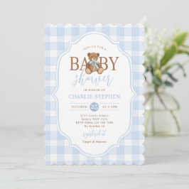 Blue Gingham Elegant Teddy Bear Baby Shower 招待状