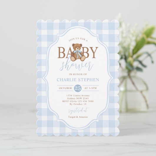 Blue Gingham Elegant Teddy Bear Baby Shower 招待状 (スタンド正面)
