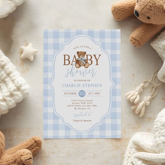 Blue Gingham Elegant Teddy Bear Baby Shower 招待状