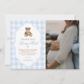 Blue Gingham Elegant Teddy Bear Baby Shower Photo サンキューカード (正面)