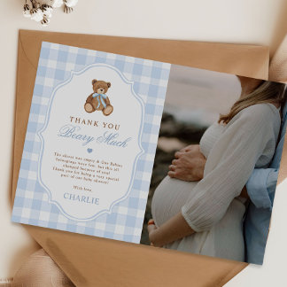 Blue Gingham Elegant Teddy Bear Baby Shower Photo サンキューカード