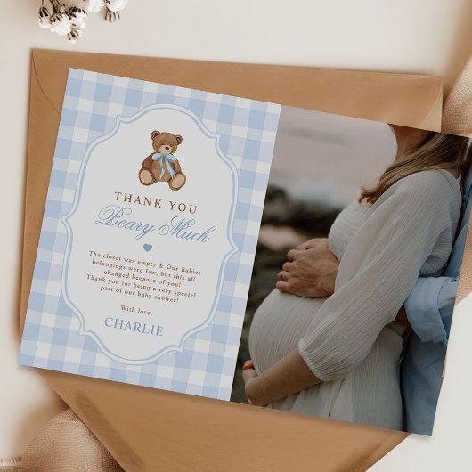Blue Gingham Elegant Teddy Bear Baby Shower Photo サンキューカード
