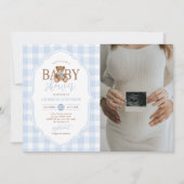 Blue Gingham Elegant Teddy Bear Baby Shower Photo 招待状 (正面)