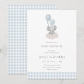 Blue Gingham Elephant on Cloud Baby Shower  招待状 (正面/裏面)