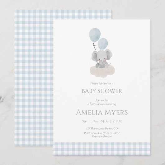 Blue Gingham Elephant on Cloud Baby Shower  招待状 (正面/裏面)