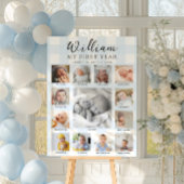 Blue Gingham First Birthday Photo Timeline ポスター