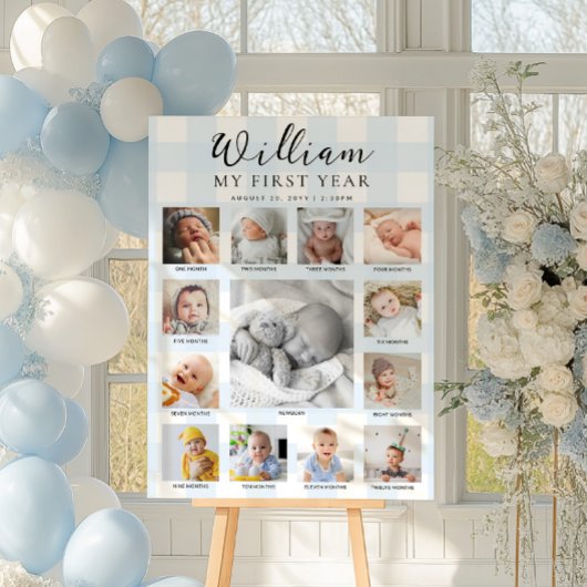 Blue Gingham First Birthday Photo Timeline ポスター