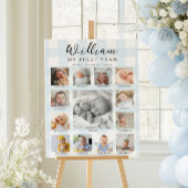 Blue Gingham First Birthday Photo Timeline ポスター