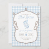 Blue Gingham First Rodeo 1st Birthday Cowboy 招待状 (正面)