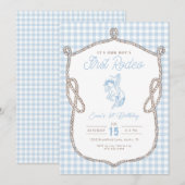 Blue Gingham First Rodeo 1st Birthday Cowboy 招待状 (正面/裏面)