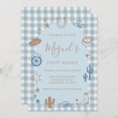 Blue Gingham First Rodeo Wild West Birthday 招待状 (正面/裏面)