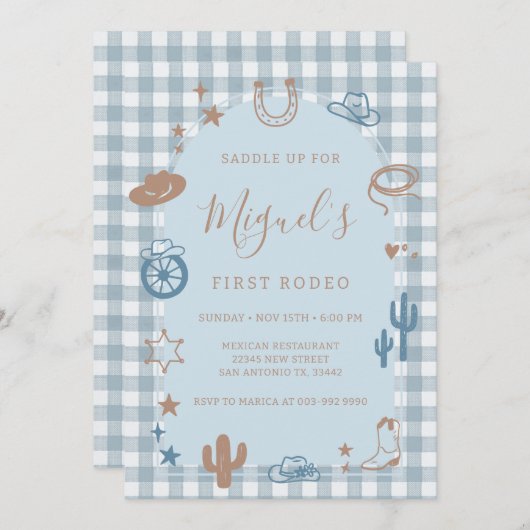 Blue Gingham First Rodeo Wild West Birthday 招待状 (正面/裏面)