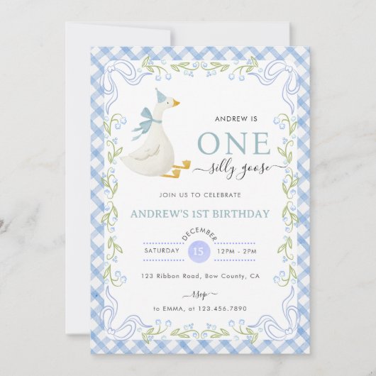 Blue Gingham Floral One Silly Goose 1st Birthday 招待状 (正面)