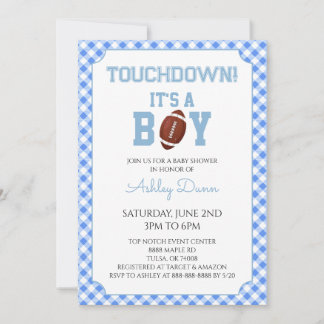 Blue Gingham Football Baby Shower 招待状