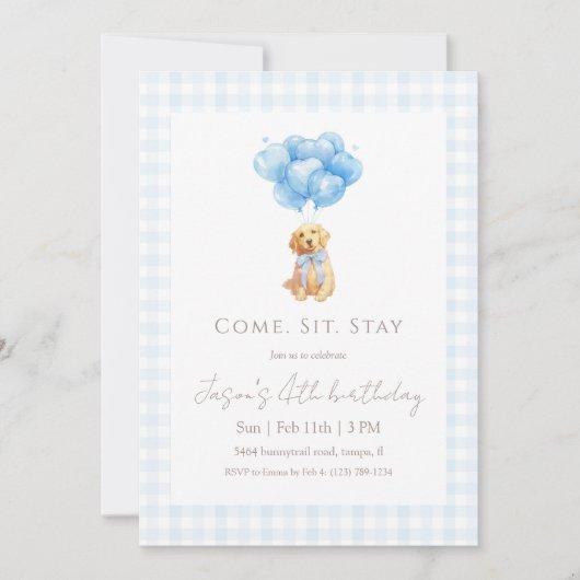 Blue Gingham Golden Retriever Puppy Birthday 招待状 (正面)