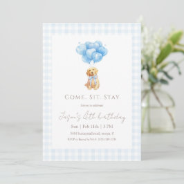 Blue Gingham Golden Retriever Puppy Birthday 招待状