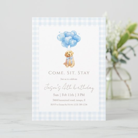 Blue Gingham Golden Retriever Puppy Birthday 招待状 (スタンド正面)