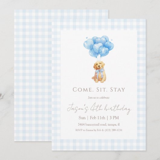 Blue Gingham Golden Retriever Puppy Birthday 招待状 (正面/裏面)