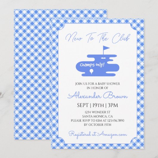 Blue Gingham Golf Baby Shower 招待状 (正面/裏面)