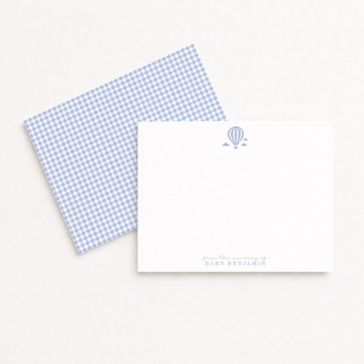 Blue Gingham Hot Air Balloon Nursery Note Card 招待状