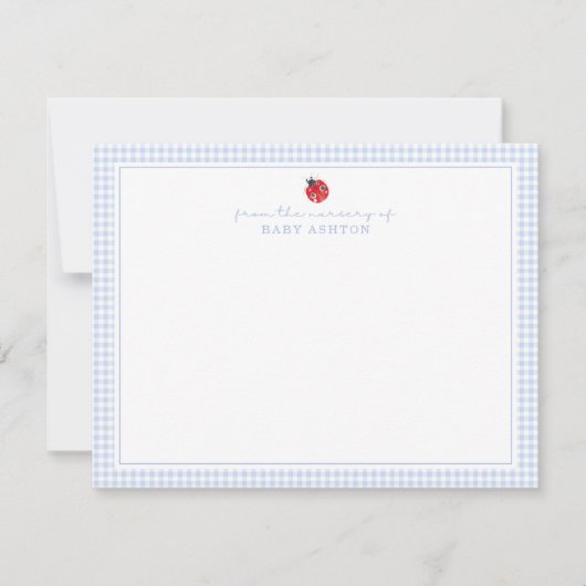 Blue Gingham Ladybug Nursery Note Card 案内状 (正面)