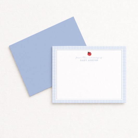 Blue Gingham Ladybug Nursery Note Card 案内状