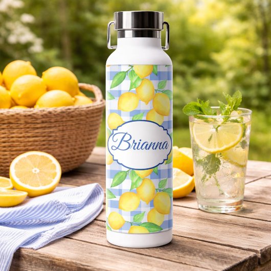 Blue Gingham Lemon Name Picnic Style  ウォーターボトル