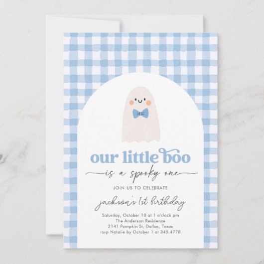 Blue Gingham Little Boo Ghost 1st Birthday 招待状 (正面)