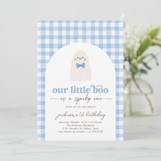 Blue Gingham Little Boo Ghost 1st Birthday 招待状 (スタンド正面)