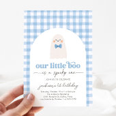 Blue Gingham Little Boo Ghost 1st Birthday 招待状