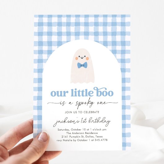Blue Gingham Little Boo Ghost 1st Birthday 招待状
