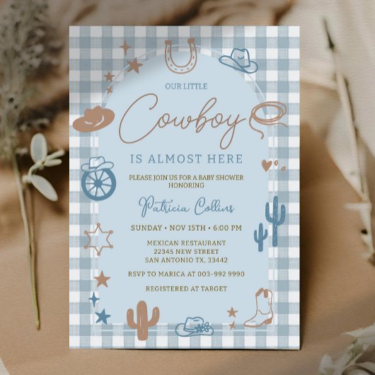 Blue Gingham Little Cowboy Wild West Baby Shower 招待状