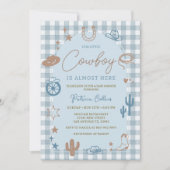 Blue Gingham Little Cowboy Wild West Baby Shower 招待状 (正面)