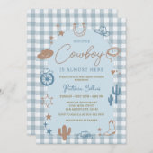 Blue Gingham Little Cowboy Wild West Baby Shower 招待状 (正面/裏面)