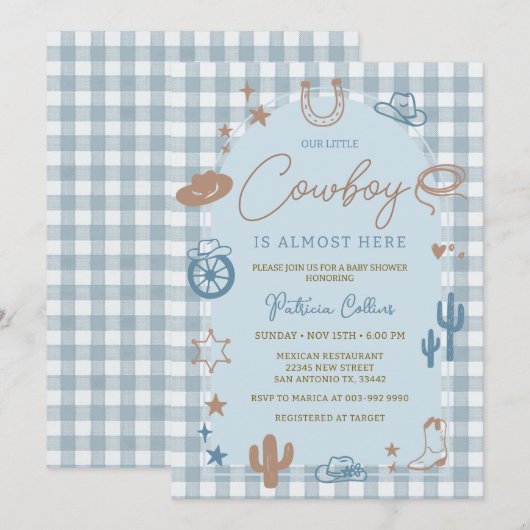 Blue Gingham Little Cowboy Wild West Baby Shower 招待状 (正面/裏面)