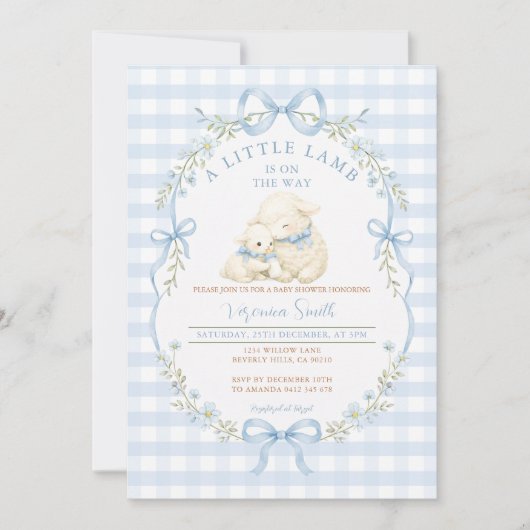 Blue Gingham Little Lamb Baby Shower Invitation 招待状 (正面)