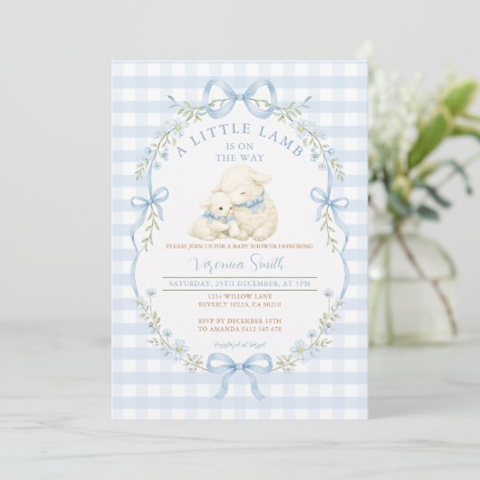 Blue Gingham Little Lamb Baby Shower Invitation 招待状 (スタンド正面)
