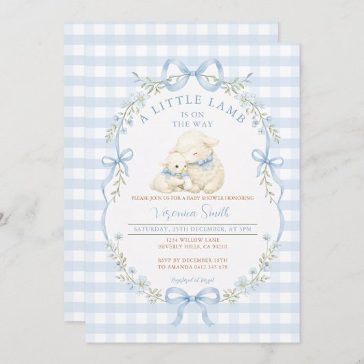 Blue Gingham Little Lamb Baby Shower Invitation 招待状 (正面/裏面)