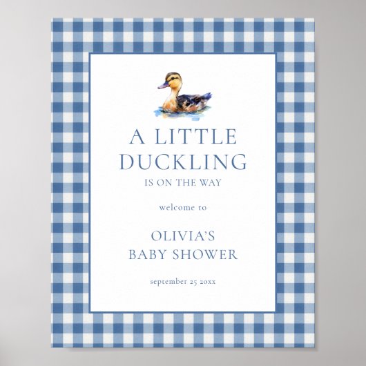 Blue Gingham Mallard Duck Welcome to Baby Shower ポスター (正面)