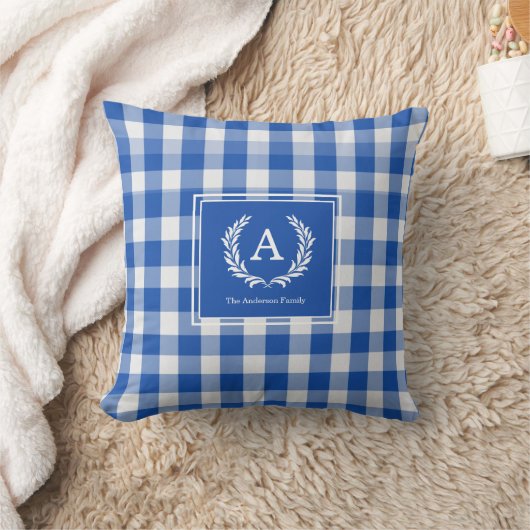 Blue Gingham Monogram Crest クッション (ブランケット)