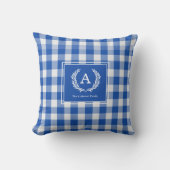Blue Gingham Monogram Crest クッション (正面)