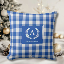Blue Gingham Monogram Crest クッション