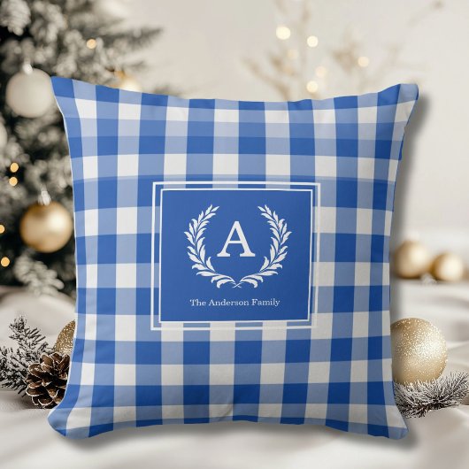 Blue Gingham Monogram Crest クッション